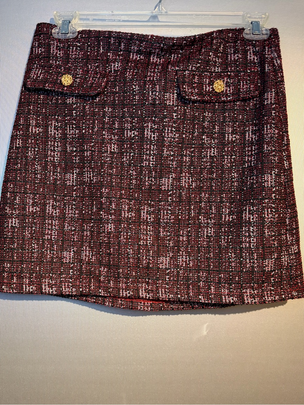 Joe Benbasset Burgundy Tweed Mini Skirt with Gold Buttons
